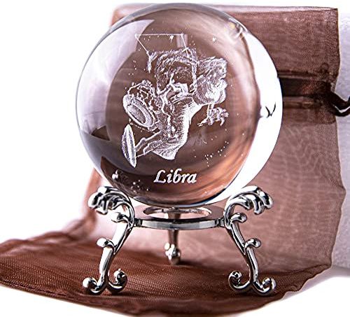 HDCRYSTALGIFTS 60mm 3D Constellation Crystal Ball Figurine Gifts for Women Men Glass Laser Engraved Libra Crystal Ball with Stand Paperweights Glass Sphere Ball Ornaments Decor Gifts for Lovers