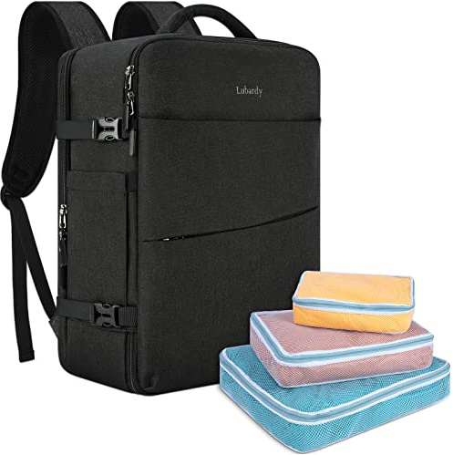 Lubardy Travel Backpack for Men Women 17 Inch Flight Approved Carry on Backpack Waterproof Large 40L Luggage Daypack Business College Weekender Overnight Laptop Backpack with 3 Packing Cubes, Black