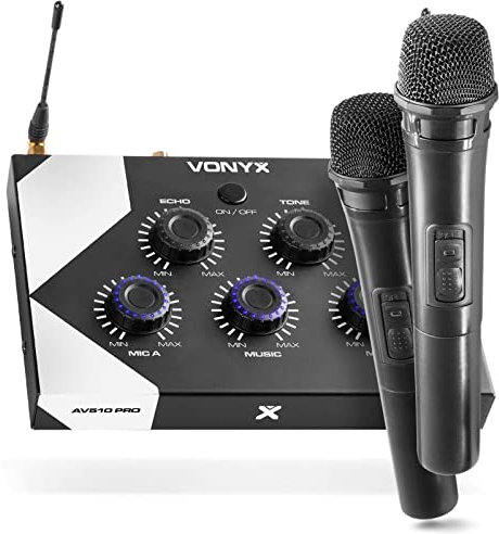 Vonyx AV510 PRO Karaoke Mikrofon Set mit 2X drahtlosen UHF Mikrofonen und Karaoke Mixer, KTV Set, Bluetooth Handmikrofon, Dynamisches Funkmikrofon System, für Zuhause, DJ, Kneipe - Schwarz