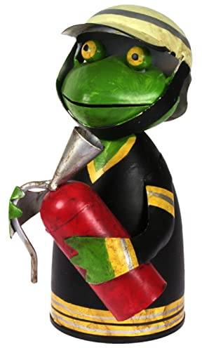 Zaunhocker Feuerwehr Frosch mit Feuerlöscher vorn 21 cm Figur aus Blech Metall Brand 112 Garten Deko Balkon Dekofigur Pfostenhocker