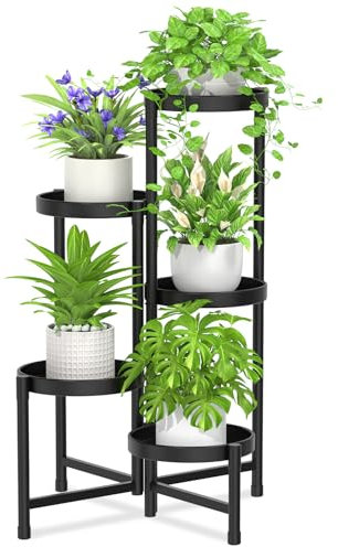 iDavosic.ly 5 Tier Metal Plant Stand for Indoor Outdoor, Corner Tiered Plant Shelf for Multiple Plants, Foldable Tall Flower Holder Display Rack for Living Room Garden Patio Balcony, Black