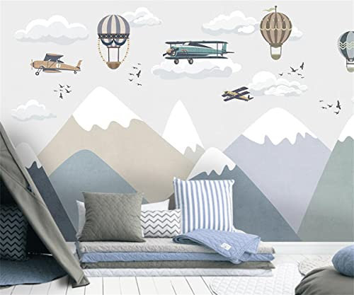 TANYANG Cartoon Wandbild Tapete Mode Kinderzimmer Dekoration 3D Tapete Berge Flugzeug Wolken Landschaft Heißluftballon Kinder Tapete 150Cm(W)×105Cm(H)