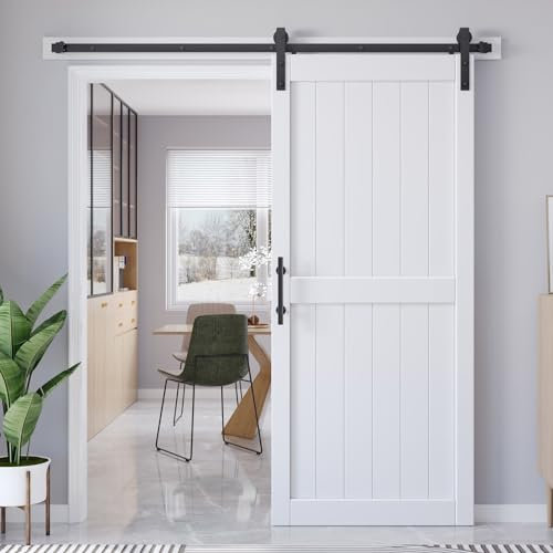 ROYMELO 36x84 Inch White Sliding Barn Door Slab and 6.6ft Hardware Kit Included, K-Frame, MDF Wood Panel Covered with Water-Proof Scratch-Proof PVC Surface, Easy to Clean, Simple DIY Assembly
