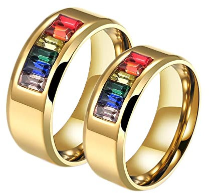 Hoisy Verlobungsring Damen Edelstahl, Eheringe Gold Paar Goldener LGBT-Ring mit Regenbogen-Zirkonia Größe Frauen 60 (19.1) und Männer 65 (20.7)
