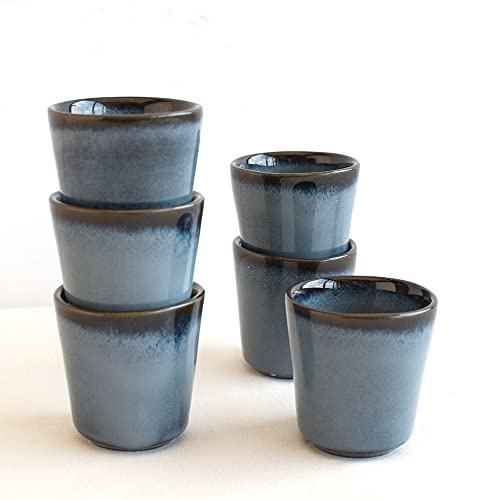 Set di 6 Tazzine da Caffè Espresso, Tazze Ceramiche in Gres 75ml, Finitura a Mano, Blu, MELIDES