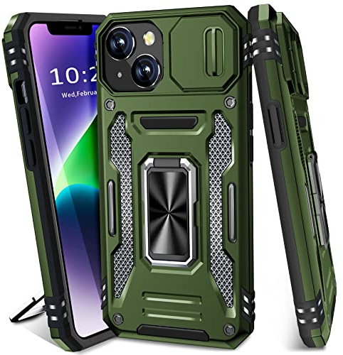 BaHaHoues Schutzhülle für iPhone 13 / iPhone 14, mit Schiebe-Kamera-Abdeckung und magnetischem Ständerring, militärische Qualität, Schutzhülle für iPhone 14 und iPhone 13, Olivgrün
