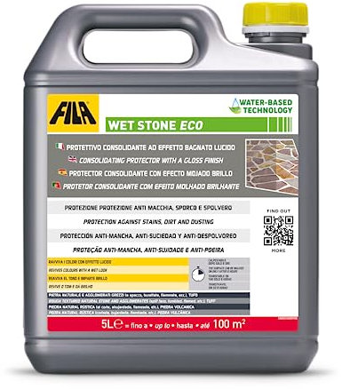FILA Surface Care Solutions, WET STONE ECO, Protettivo Pietra Naturale Tonalizzante ad Effetto Bagnato, Idrorepellente per Pietra, Antimacchia e Antisporco, Adatto al Pavimento Esterno ed Interno, 5L