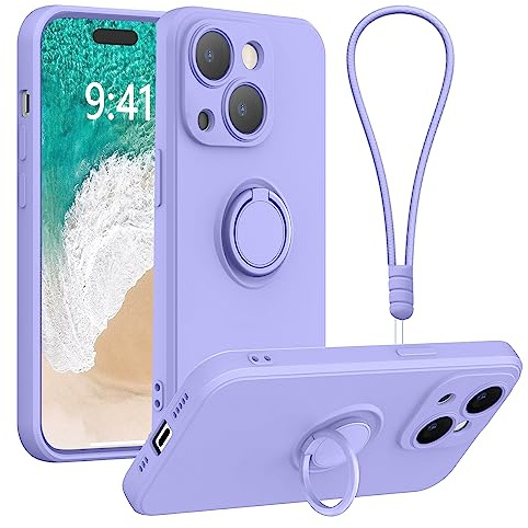 Galful iPhone 14 Case with 360°Ring Holder Kickstand for Magnetic Car Mount iPhone 14 Phone Case with Wrist Strap Flexible Silicone Stand Magnetic Shockproof Cover for iPhone 14,Light purple