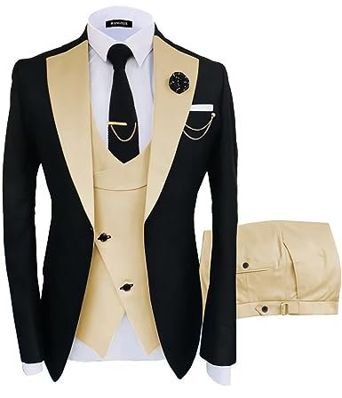 Wangyue Mens Suits 3 Piece Suits for Men Slim Fit Wedding Prom Tuxedo Formal Business Black Champagne Suit, XS