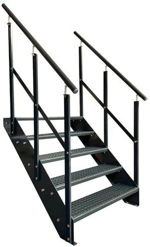 Kaminbau Mierzwa Premium Stahl Treppe mit beidseitigem Geländer komplett Anthrazit RAL 7016/5 Stufen (Breite 1400 mm) (Höhe 95 cm) Wetterfest Gitterroststufe Gartentreppe