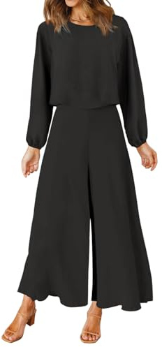 FANCYINN Ledig tracksuit i 2 delar med långa ärmar, dam, rund hals, myskläder med breda ben, byxoutfit, lös klädsel, höst, sommar, set, B-svart, XL