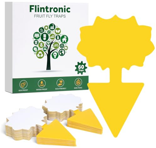 Flintronic Fruit Fly Traps, 60 Pack Yellow Double-sided Fungus Gnat Sticky Catcher, Double-Sided Fly Catchers, for Protect Plants and Control Multiple Insects