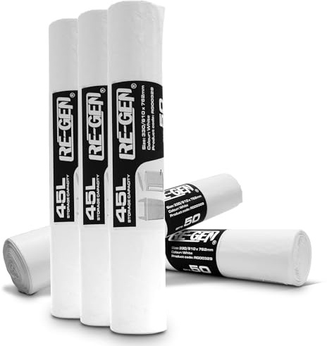 RE-GEN 45L White Swing, Pedal, Square Bin Liners Refuse Sacks (5 Rolls, 250 Bags) Everyday, Office & Home Use | Industrial Strength Rubbish Garbage Bags 330/610 x 672mm