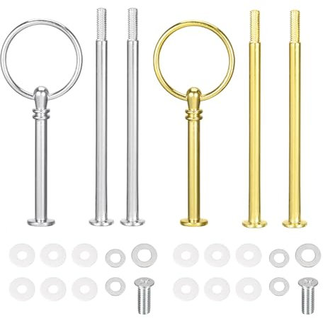 QUARKZMAN 2 Set Maniglia per Vassoio Torta Cupcake Piatto Dolce Accessori Supporto Asta per Stand Torta Matrimonio Festa, 3 Piani Rotondo Oro/Argento