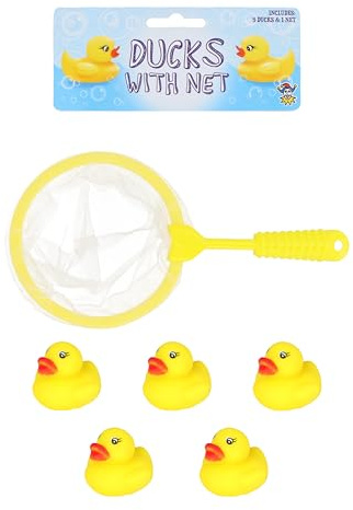 Henbrandt Mini Ducks with Net Bath Time Pack of 2 x 6-Piece Game Set with 5 Ducks + 1 Net Kids Yellow Rubber Duck Toys Summer Fun Paddling Pool Games Bathtub Play for Boys and Girls