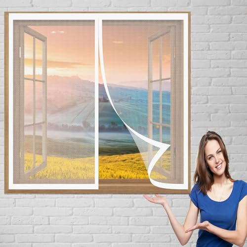 Fliegengitter für Fenster Fensternetz 118 x 132 cm Fliegengitter Magnet Ohne Bohren Automatisches Schließen Magnetvorhang für Balkontür Terrassentür, Weiß