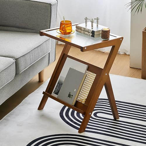 Fslvmin Rattan-beistelltisch, Boho-nachttisch mit Glasplatte und Zeitungsständer, Mid-Century-couchtisch mit Stauraum für Wohnzimmer, Schlafzimmer, Kleine Räume(37x55x60cm(14x22x24inch), Brown)