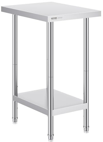 VEVOR Tavolo da Lavoro in Acciaio Inossidabile 610 x 457 x 864 mm, con 4 Ruote, 3 Livelli di Altezza Regolabili, Tavolo Resistente per Preparazione Alimenti Ristoranti Cucina Commerciale, Argento