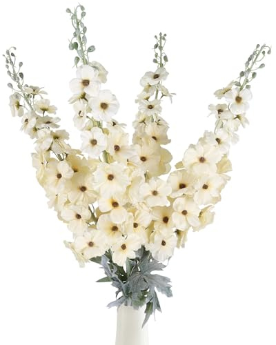 Fqueelvys 42'' Long Stem Delphinium Artificial Flowers for Tall Vases 4PCS Fake Hollyhock Silk Flowers Realistic Larkspur Faux Flowers for Home Wedding Table Decoration Floral Arrangements (Champagne)