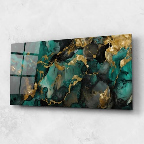ARTHUB® Glasbild 60x150 cm, 4mm ESG | Moderne Wandbilder aus Glas für Wohnzimmer & Schlafzimmer, Wanddekoration, Wohnkultur, Abstrakte, Dark Green Golden Marble