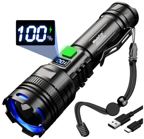 WholeFire Taschenlampe LED Aufladbar Extrem Hell 100000 Lumen Taschenlampen | LED Taschenlampe Batteriebetrieben USB C, 5 Lichtmodi, IP65 Wasserdicht Flashlight Torch für Camping Wandern Notfälle Outdoor