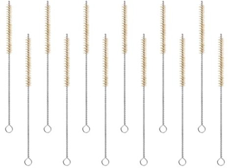 PATIKIL 9.8 Straw Cleaner Brush, 12Pcs Stainless Steel Natural Pig Bristle Wool Tip Pipe Wire Cleaning Brush with Hook for Lab Glass Supplies Flask Tube Water Bottles, Yellow