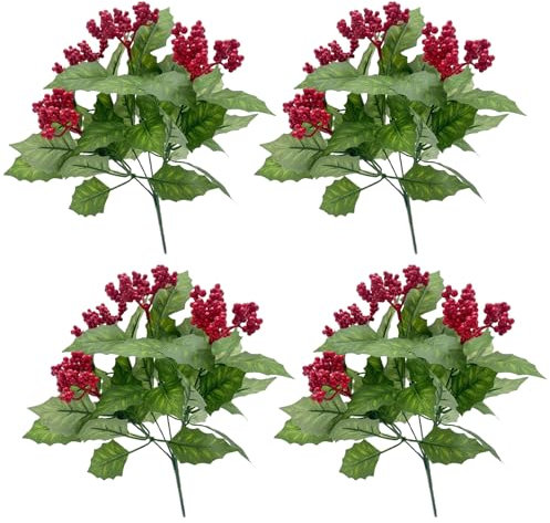 UIYIHIF Hojas de Acebo Artificiales, Tallos de Bayas, Bayas de Acebo Rojas Navideñas, Arbustos de Navidad Falsos para Fiesta de Navidad, Decoración del Hogar de Vacaciones (pequeñas Bayas)