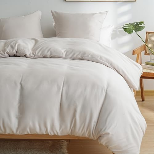 MOHAP 4 Pièces Parure de Lit Adulte Housse de Couette 200x200cm+Drap Housse 160x200+2 Taies d'oreillers 65x65cm Beige Normal 80 Fils/cm² Housse de Couette 2 Personnes avec Fermeture Éclair