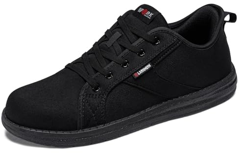 LARNMERN Steel Toe Cap Safety Trainers Men Slip On Work Shoes Lightweight Comfortable Walking Canvas Sneakers(12 UK,Black)