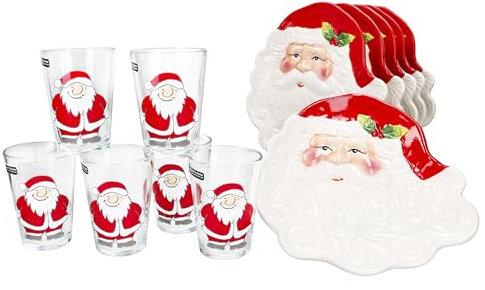 MamboCat Santa Lot de 12 verres à lait de 240 ml et 6 assiettes à pâtisserie avec décor Père Noël I Verre à boire pour café, liqueur d'œuf et assiette à biscuits pour Noël et Noël