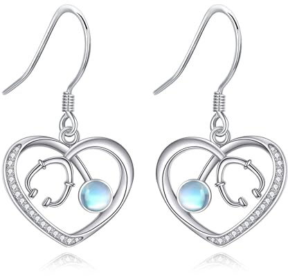 Stetoscopio, orecchini in argento sterling 925, infermiera, stetoscopio, pietra di luna, a forma di cuore, pendenti, chiusura infermieristica, gioielli medici, regali per donne, ragazze, mamma,