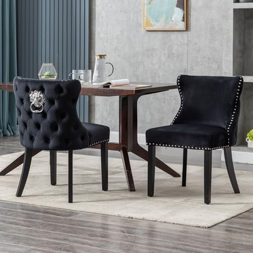 Ya-Home Samt Esszimmerstühle 2er Set, Küchenstuhl mit Löwenkopf-Dekor, Polsterstuhl mit Holzbeine für Esszimmer, Schwarz