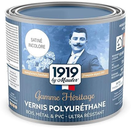 1919 By Mauler - Vernis Polyuréthane pour bois, métal et PVC - Satiné Incolore - 0,5L - Lavable, anti-tache et rayure - Alkyde Uréthane Haut extrait sec