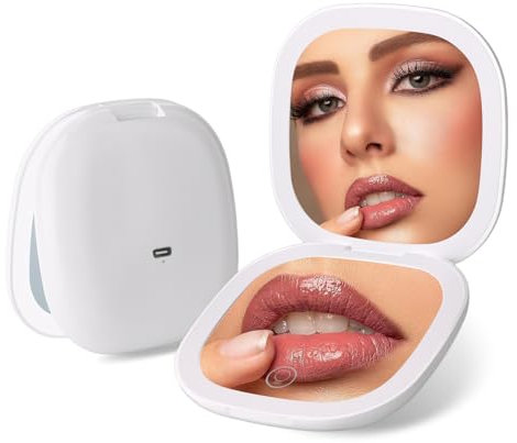 Colexy Espejo de Bolsillo con Aumento 1X/5X, Espejo de Maquillaje Compacto con Luz LED, Espejo Pequeño de Mano Recargable y Plegable Doble Cara para Bolso, Viaje y Regalos para Mujeres (Blanco)