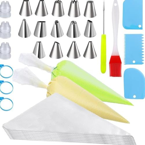 Piping Bags and Nozzles Set, 125 Pcs Cake Piping Kit with 100 Pastry Bags, 14 Frosting Tips, 3 Couplers, 3 Bag Ties, 3 Cake Scraper, 1 Silicone Oil Brush,1 Cake Decorating Tools for Cookie Icing
