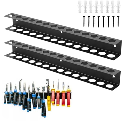 AROMUJOY 2 Stück Werkzeughalter Wand, 40cm Schraubenzieher Halterung, Werkzeug Wandhalterung 14 Löcher, Zangenhalter Schraubendreher Halter für Garage, Werkstätten, Werkbänke, Schwarz