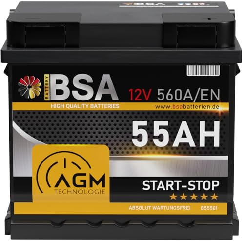 BSA AGM Batterie 12V 55Ah Start-Stop Autobatterie statt 50Ah 52Ah 53Ah 54Ah