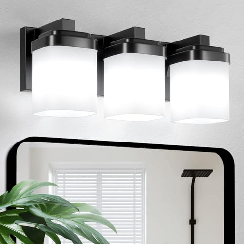 Guliaofo 3-Light Black Bathroom Light Fixtures, Vanity Lights for Bathroom Mirror Lamp with Milky White Square Glass Shade, Modern Wall Sconce Light Kitchen Light Fixtures Led Vanity - E26 Base