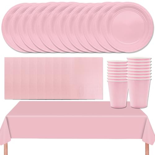 MOMAHUA Set med festservis 53P, rosa servis med fat, tallrik, duk, servetter, koppar, bordsdekoration i enfärgade färger för födelsedagar, bröllop, picknick, baby shower, tillbehör