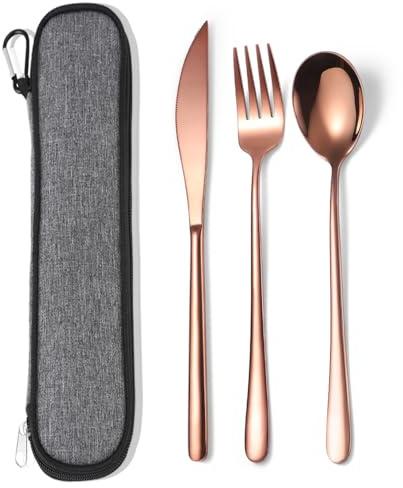 AARAINBOW Stainless Steel Cutlery Set for 1, 3 Pieces Knife Fork Spoon Set with Case. Reusable Flatware Set for Camping, Travel, Work, and Outdoor Activities, Dishwasher Safe (Rose Gold)