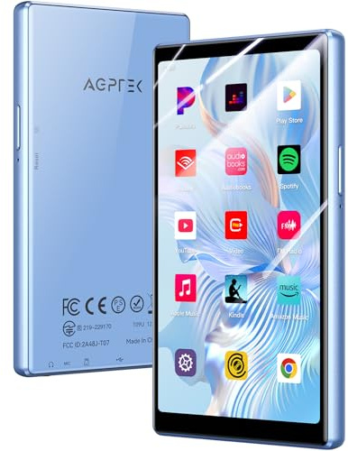 AGPTEK 128GB Reproductor MP3 Spotify con Bluetooth y WiFi, Android 13 MP4 Reproductor de 5'', Reproductor de Música MP4，MP3 Player con Spotify, Audible, App Store, Amazon Music, hasta 1 TB, Azul