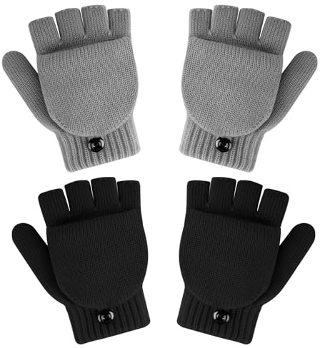 Kiiwah 2 Pares Guantes con Botón sin Dedos para Niños sin Dedos, Guantes Convertibles de Punto Termicos Invierno para Niñas y Niños de 3 a 12 Años