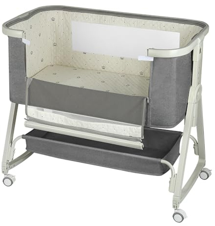 homewell 2 in 1 Beistellbett Baby & Babywiege, Stubenwagen Baby mit Moskitonetz, 6Fach Höhenverstellung und Neigungsverstellung, für Zuhause und Unterwegs (Grau)