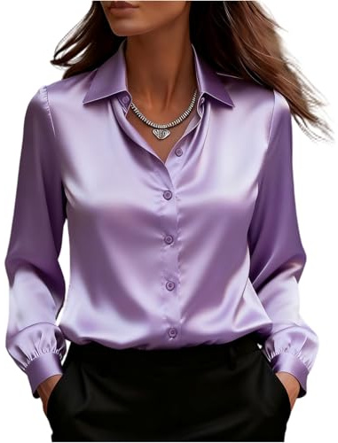 Chemisier Satin Femme,à col en V La Soie Élégante Blouse Chic Manches Longues Chemise Boutons Ample à Manches Longues Chemisier de Soirée Business Top