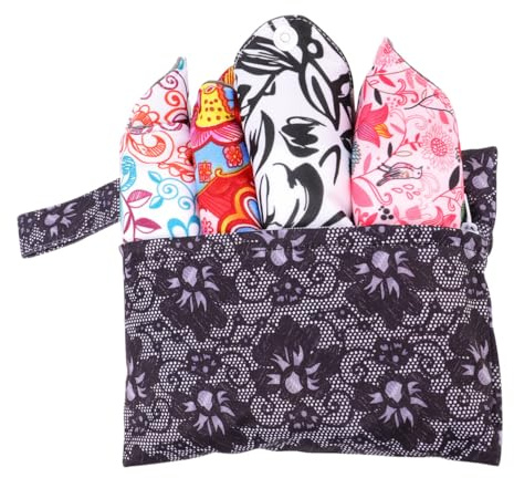 VERDANVERSE Lot de 4 Serviettes Hygiéniques Lavables en Tissu Absorbantes Réutilisables Pochette de Rangement Noire, Taille Grosse, Confortables Règles, Serviettes Menstruelles à Charbon
