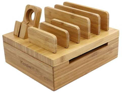 iCozzier Bambù 5-slot USB Watch Supporto Multi-dispositivo Di Stazione Di Ricarica e Organizzatore Di Cavo Del Basamento Sul Banco per Apple Watch, iPhone, iPad, Smartphones, Tablets