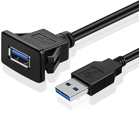 TNP USB Einbaubuchse Kabel - 1m, Kfz USB 3.0 Einbau Buchse Kabel, USB Verlängerungskabel, viereckiger USB Armaturenbrett Kabel, Stecker auf Buchse Adapter für Auto, LKW, Boot, Motorrad, schwarz