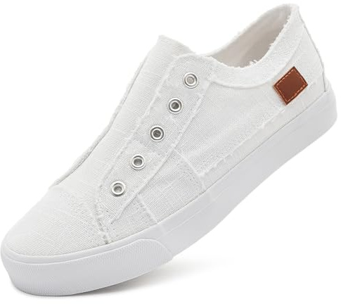 Women's Slip on Shoes Non Slip Fashion Canvas Sneakers Low Top Casual Shoes(White,US7)