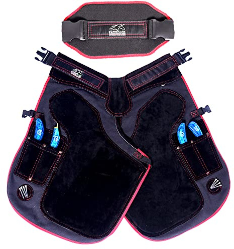 Equine Care Farrier förkläde 4 knivfickor och 2 spikmagneter hästskor läder chaps 25 tum – 65 cm., Svart röd