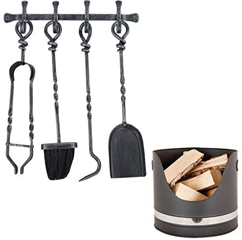 Fireplace Companion Set Wall Mounted Fireside Tools & Kindling Coal Bucket Log Basket